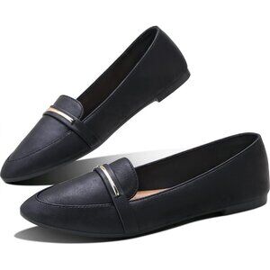 Obtaom Women's Black Faux Leather Pointed Toe Slip On Loafer Ballet Flat Shoes